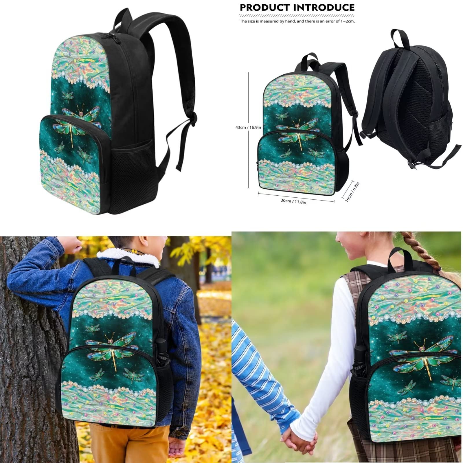 POLERO Mochila escolar de caballos para niños, juego de bolsas de almuerzo, estuche para lápices, 3 piezas, bolsas escolares, Libélula brillante, Talla única, Mochila infantil