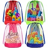 4PCS Mesh Beach Bag Large, Durable Sand Away Drawstring Beach Backpack, Toys Balls Storage Bags Packs for Pool,Beach, Shell Collecting Beach Bags for Kids