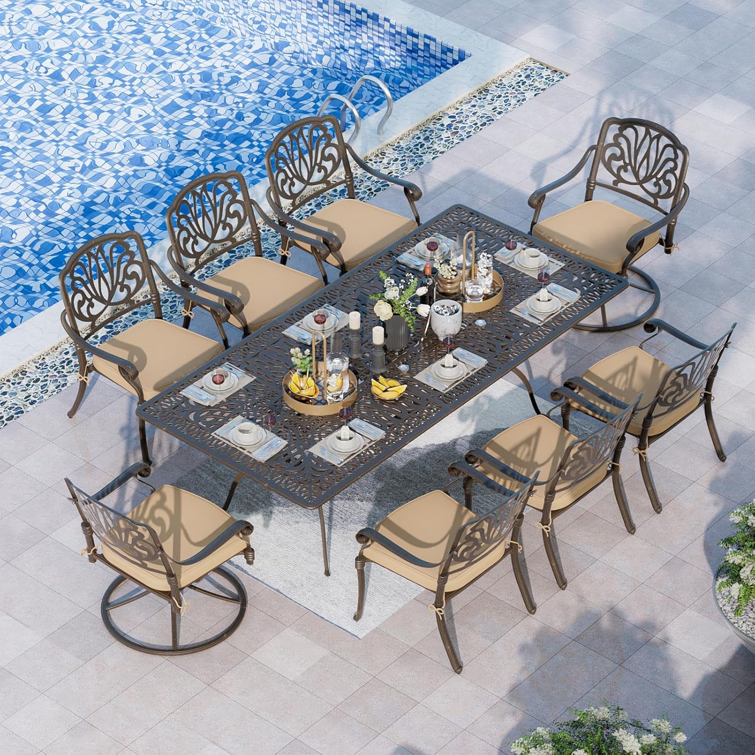 Grepatio 9 Piece Cast Aluminum Patio Furniture Set Outdoor Dining Set Bistro Furniture Set with 6 Chairs 2 Swivel and Dining Table with Umbrella Hole, 8 Cushions for Backyard Garden (Khaki)