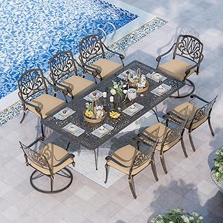 Grepatio 9 Piece Cast Aluminum Patio Furniture Set Outdoor Dining Set Bistro Furniture Set with 6 Chairs 2 Swivel and Dining Table, 8 Cushions for Backyard Garden (Khaki)