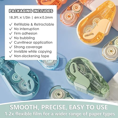 Miniatura 3 de CINBOS Cinta de corrección retráctil recargable, cinta blanca con 4 recambios adicionales, lindo blanco hacia fuera para suministros de oficina, 5