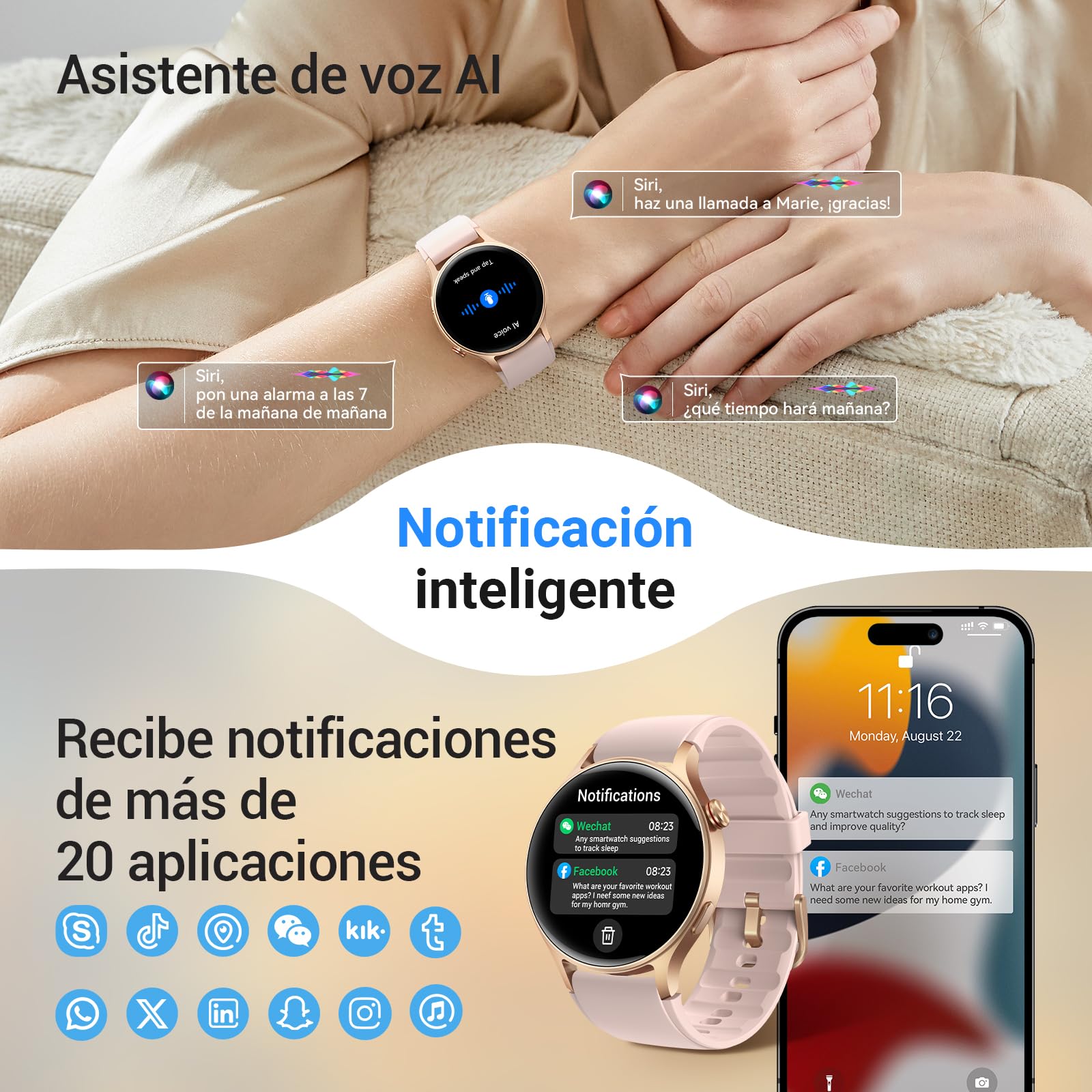 Reloj Inteligente para Mujer con Llamada Bluetooth 5.3, Smartwatch 1.32" AMOLED para Android iOS, podómetro con 110+ Deportes y 3ATM Pulsera Fitness con Monitor de sueño/SpO2