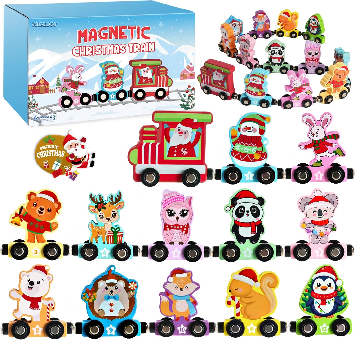 Christmas Train Set for Toddlers, Magnetic Wooden Animals Train Set Sensory Toys for Kids Number Learning Activities, Montessori Animals and Color Learning Toys for Holiday Xmas Gifts