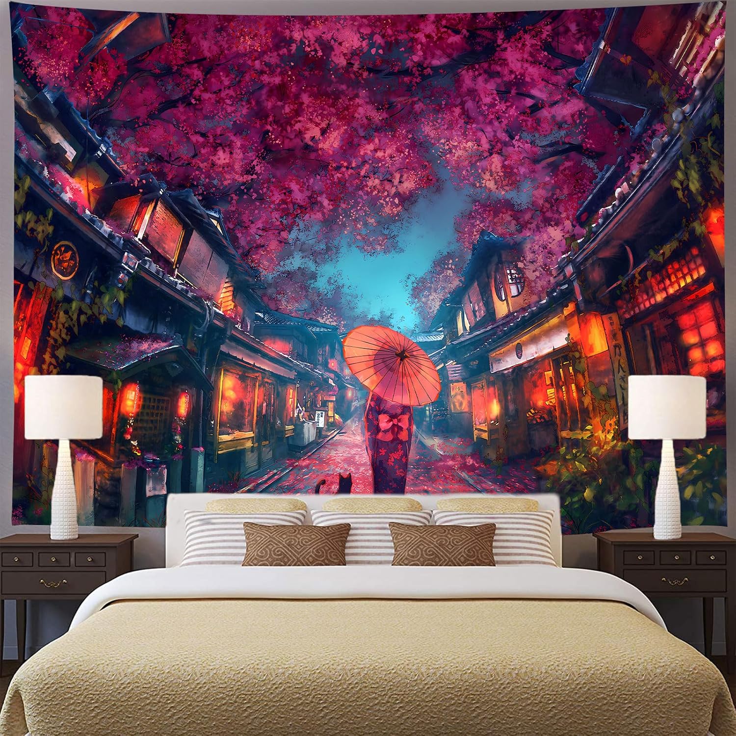 Aidatain Japanese Anime Tapestry Ancient Japanese Night Street Landscape Tapestry, Cherry Blossom Lantern Tapestry Large 108" L x 90" W Flannel Art Tapestries, For Living Room Bedroom Dorm GTDWAT294