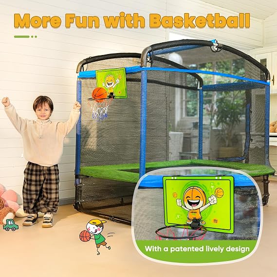 Zupapa 4X6FT Rectangle Trampoline with Basketball Hoop, and Safety Net - Indoor/Outdoor Kids Trampoline for Toddlers Ages 3-6, 220LBS Capacity, Heavy-Duty Galvanized Steel Frame