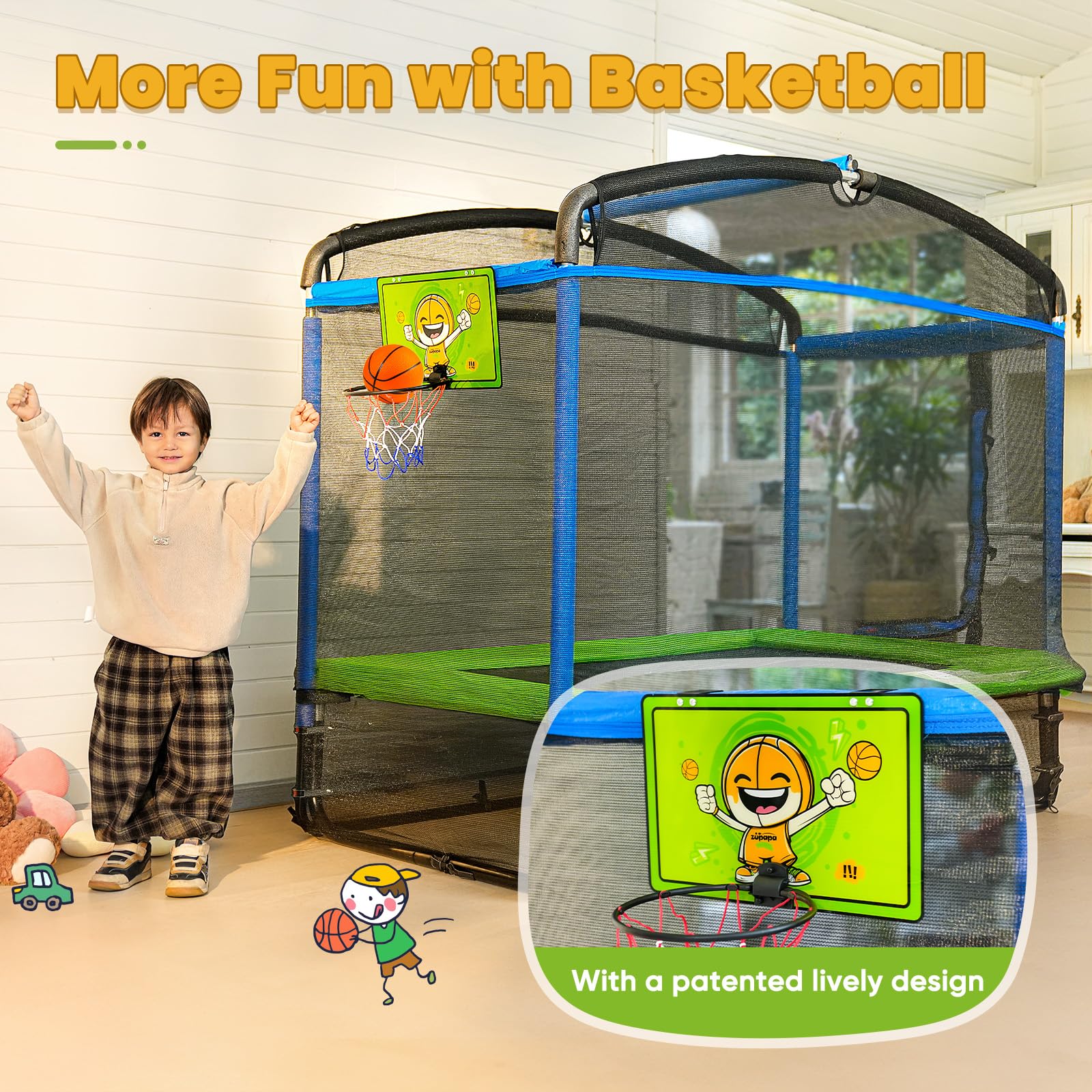 Zupapa 5 in 1 Rectangle Kids Trampoline 6FT with Hammock Chair, Basketball Hoop, and Safety Net - Indoor/Outdoor Heavy-Duty Square Trampoline for Toddlers Ages 3-6, 220LBS Capacity