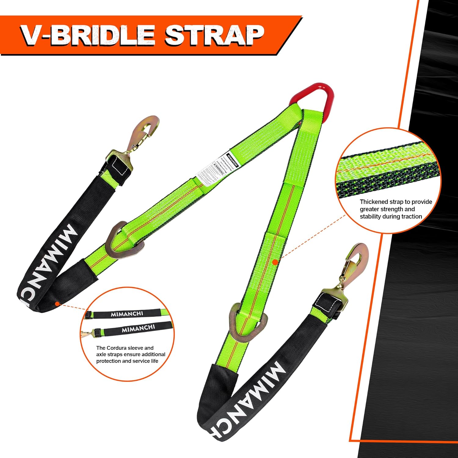 Axle V-Bridle Strap 2" x 4',1 Pack, Heavy Duty Recovery Tow Strap w/Snap Hooks,Cordura Sleeve,D Ring Middle,for Car Hauler,Rollback,and Flat Bed,Tow Truck