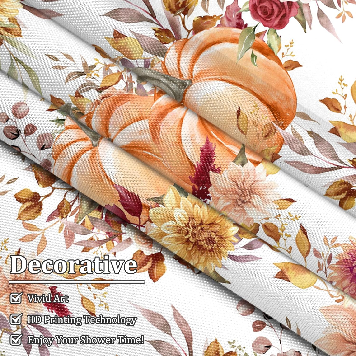 Renaiss 72 x 78 Inch Fall Boho Pumpkins Shower Curtain for Bathroom Watercolor Floral Leaves Rustic Fall Thanksgiving Harvest Farmhouse Fabric Shower Curtain Set Bathtubs Curtain with Plastic Hooks