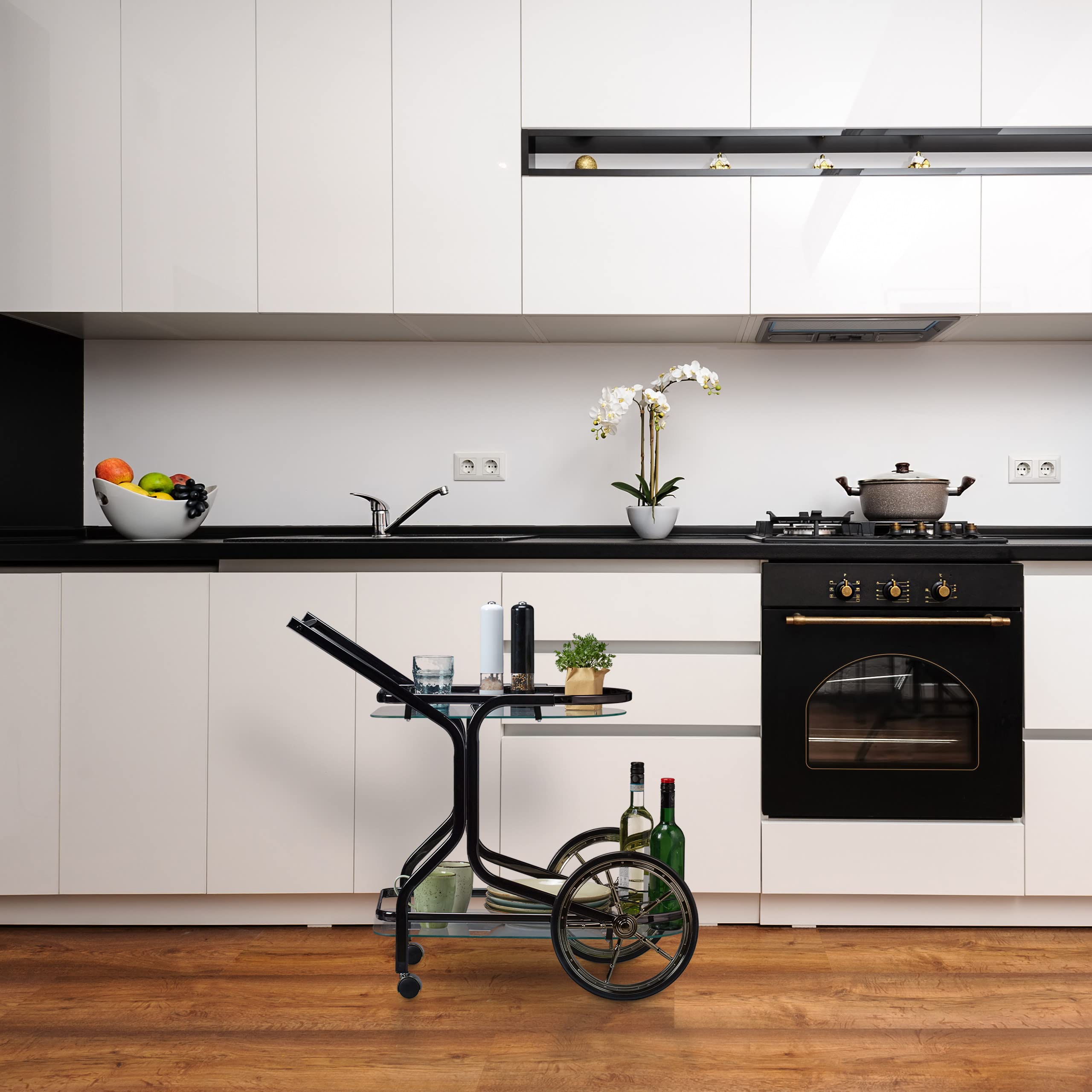 Relaxdays keukentrolley met 2 etages, houtlook, van mdf & staal, 4 wieltjes, met handgreep