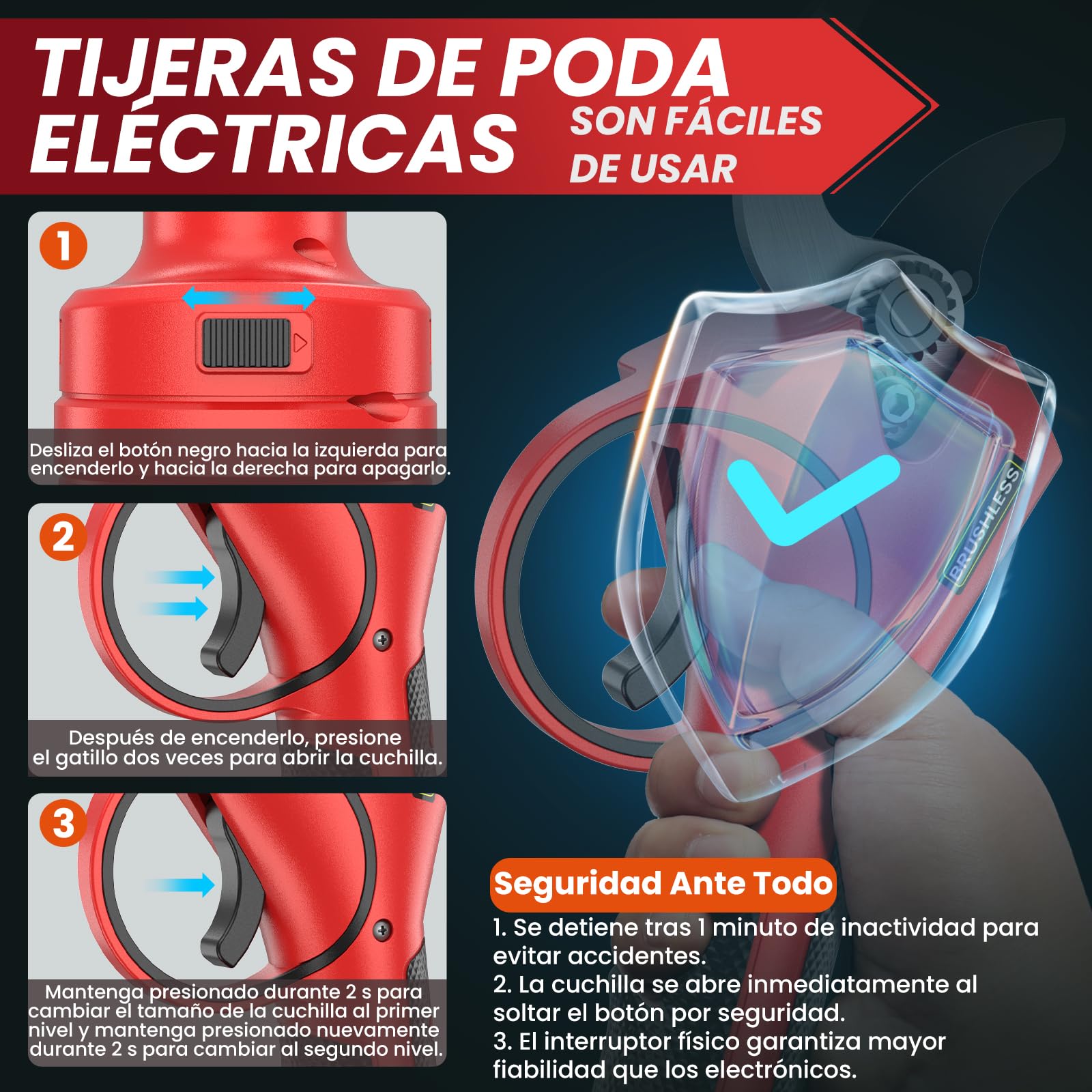 Tijeras de Podar Eléctricas, 40mm Tijeras de Podar Bateria Hoja SK7, Potentes 800W Motor Sin Escobillas, 2 Baterías 2000mAh 21V, 6-8H de Autonomía, Ligera y Mano Única, para Árboles Frutales,Viñas