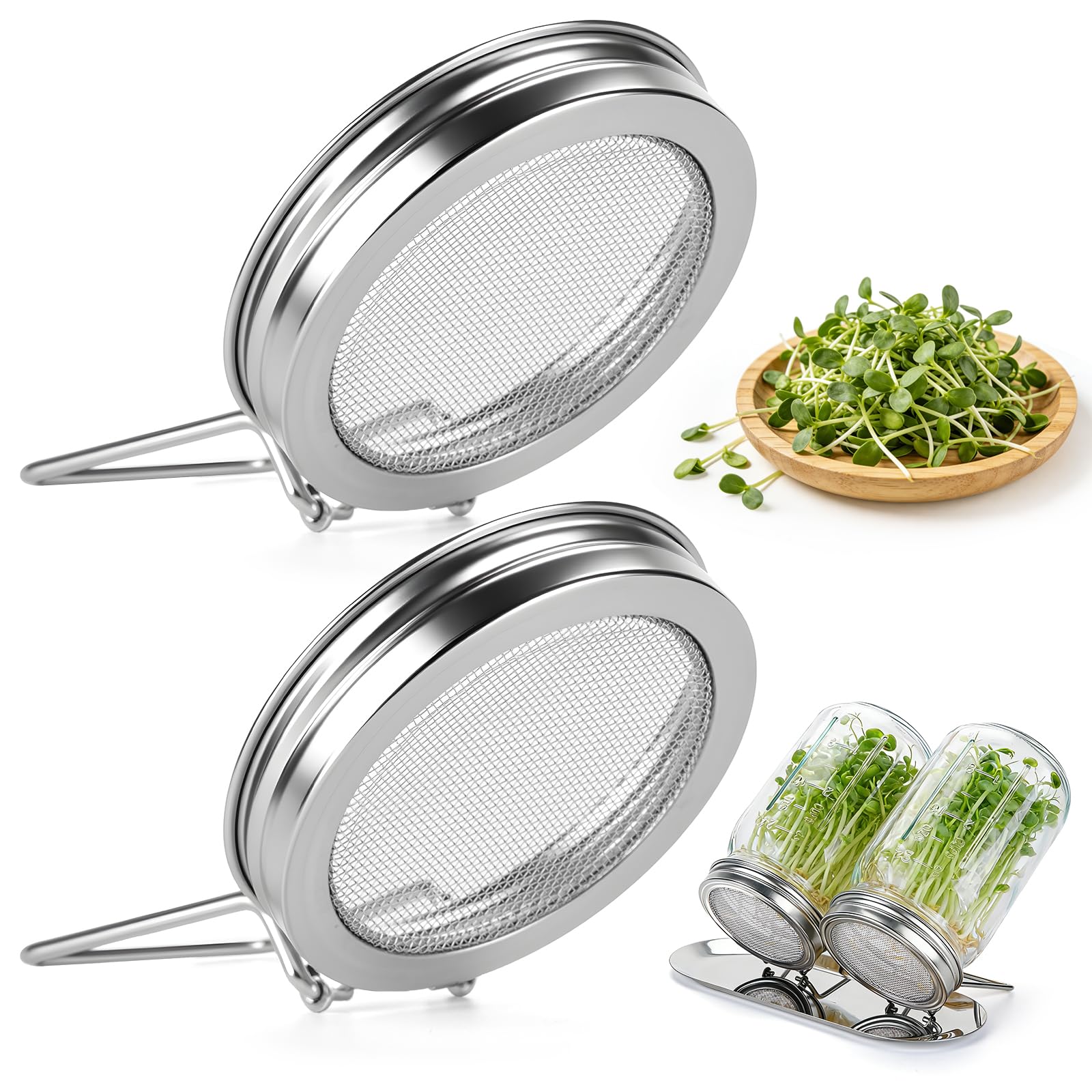 Photo 1 of 2 Pcs Sprouting Lids for Wide Mouth Mason Jars, Stainless Steel Reusable One-Piece Sprouting Jar Lids Kit with Built-In Stand, Seed Germination Sprouts Growing Kit for Organic Alfalfa & Mung Bean