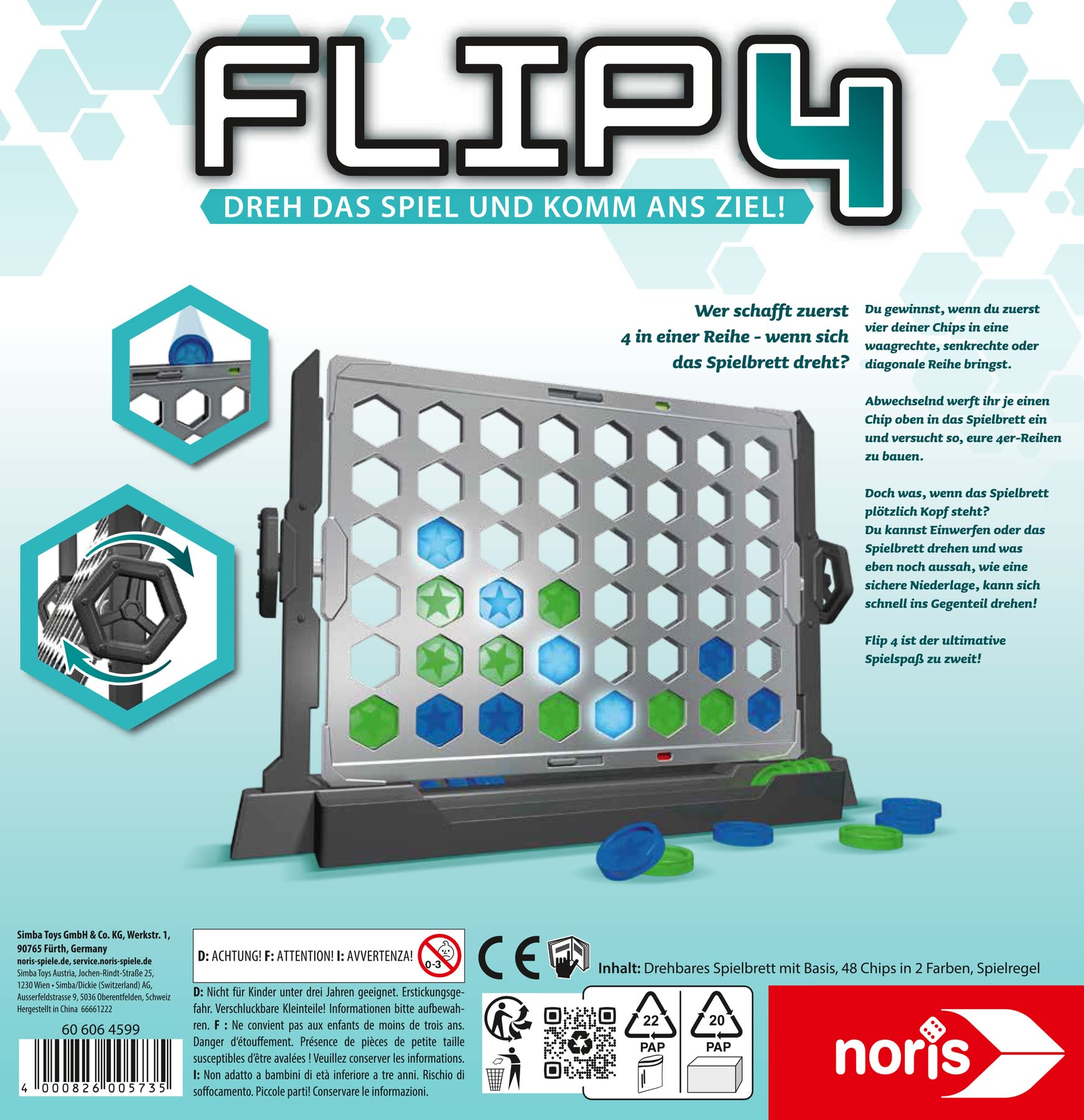 Noris Flip4 - Gioco Di Strategia 4 In Fila Con Griglia Girevole - 2 Giocatori