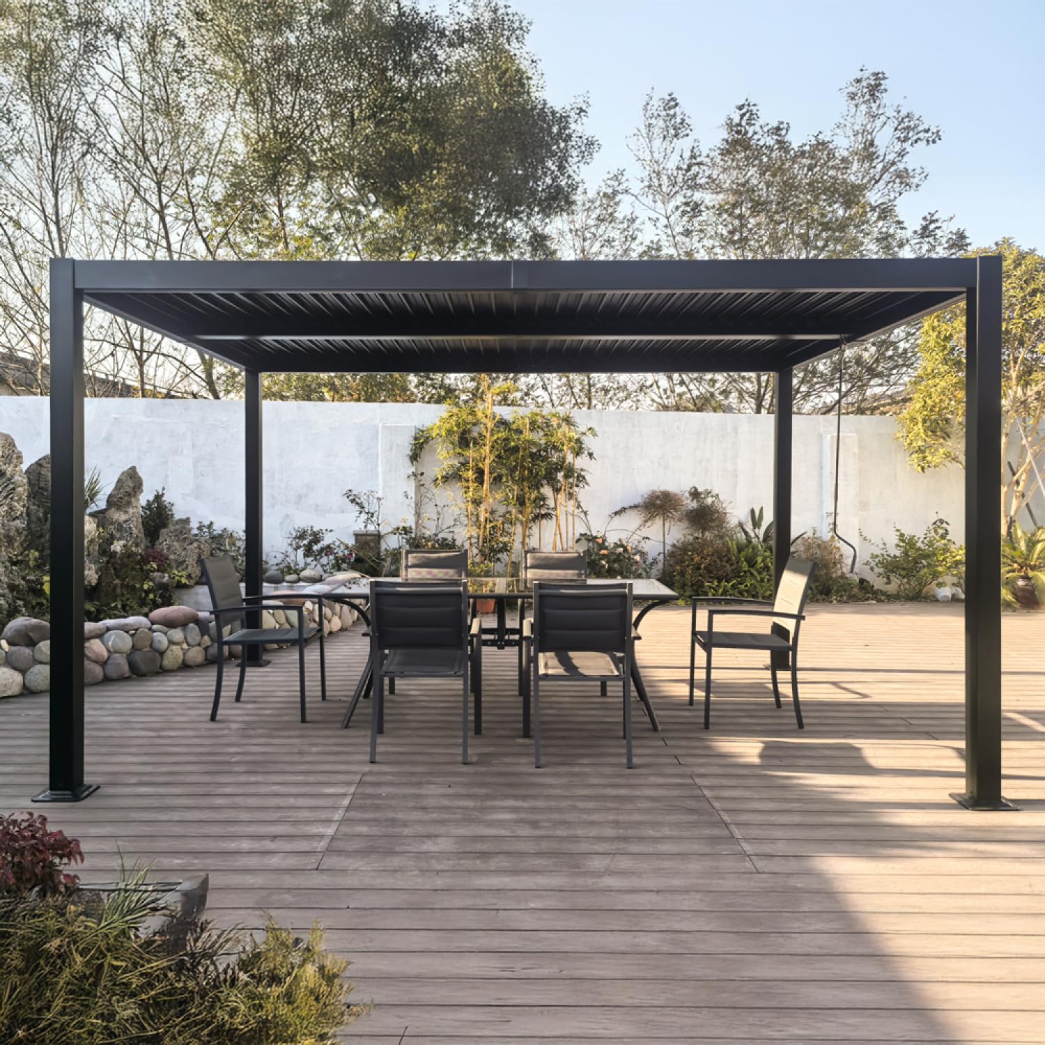 CONCEPTO FÁBRICA | Pérgola Bioclimática Aluminio 4x3 m Naxos Gris Antracita | Cuchillas Orientables de Aluminio | 12m² | Resistente y Diseño | Techo Ajustable por Manivela | Ideal Terraza Jardín