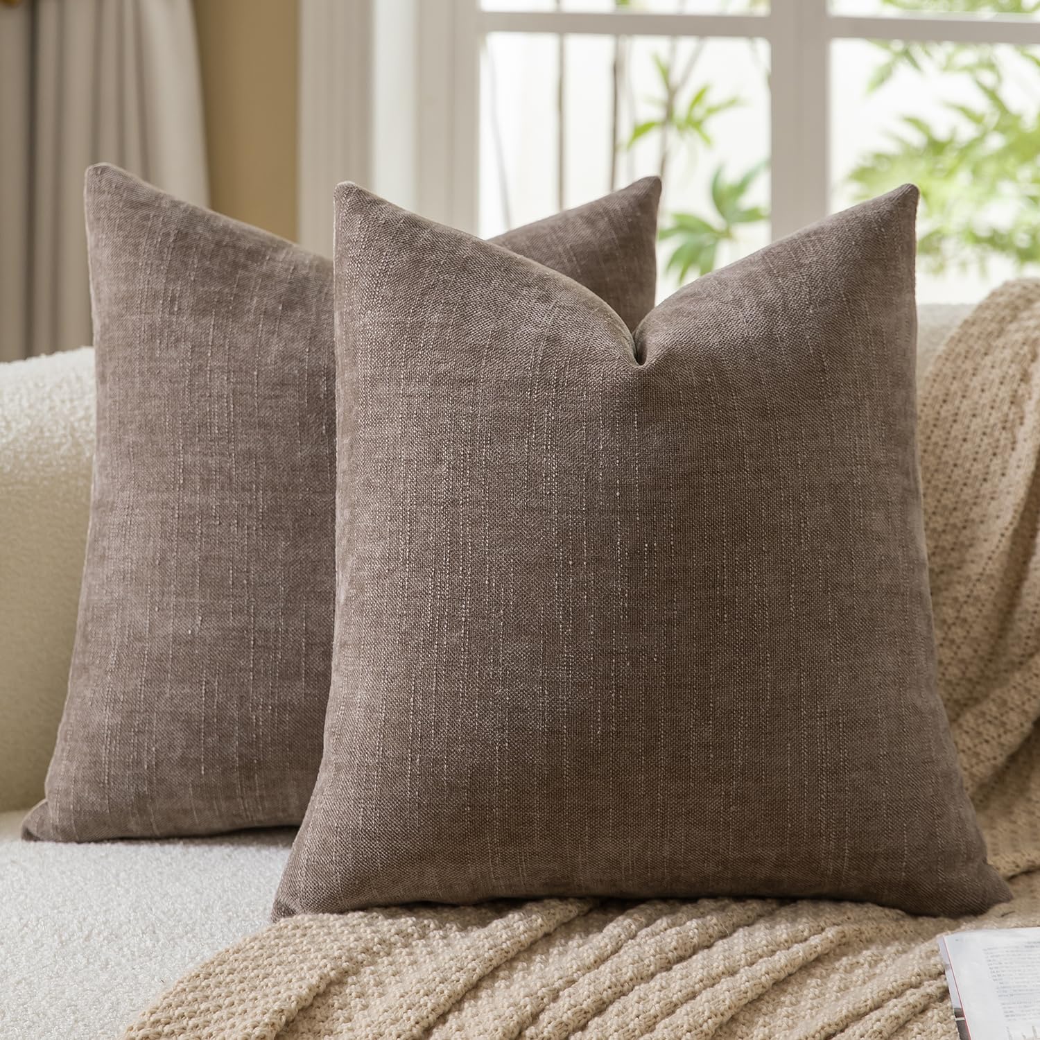 Mandioo Pack of 2 Faux Linen Chenille Cushion covers 45x45 cm 18x18 Inch Decorative Pillow Covers Velvet Accent Throw Pillow Case for Couch Sofa Living Room Bedroom Farmhouse Decor TaupeGrey