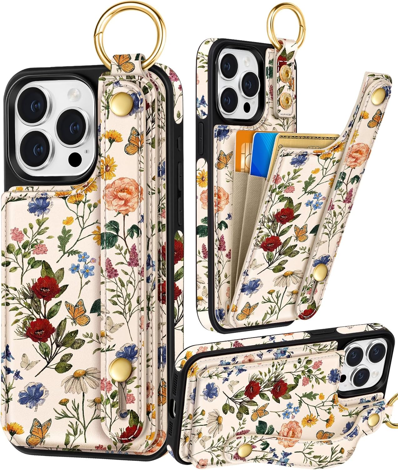 Petitian for iPhone 15 Pro Max Case with Wallet - Women Girls Cute Girly Aesthetic Unique Design with Leather Credit Card Holder Cardholder Stand Wristband for Apple 15 Promax, Vin Flower