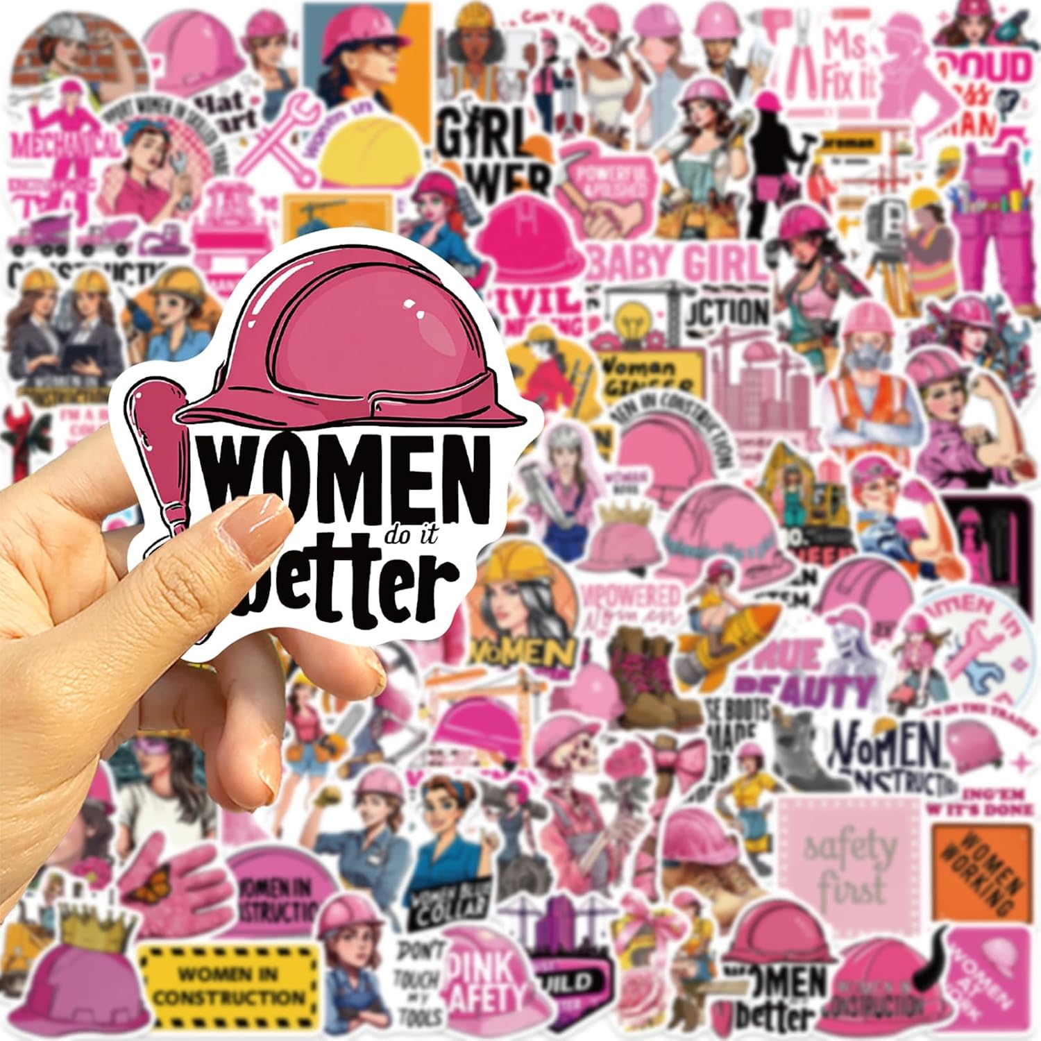 100 PCS Hard Hat Stickers for Adults (No Duplicates) Sarcastic, Meme, & Funny Stickers for Water Bottles, Toolbox, Helmet, & Hard Hat Accessories – Blue Collar Stickers for Men, Waterproof (Pink) image 3