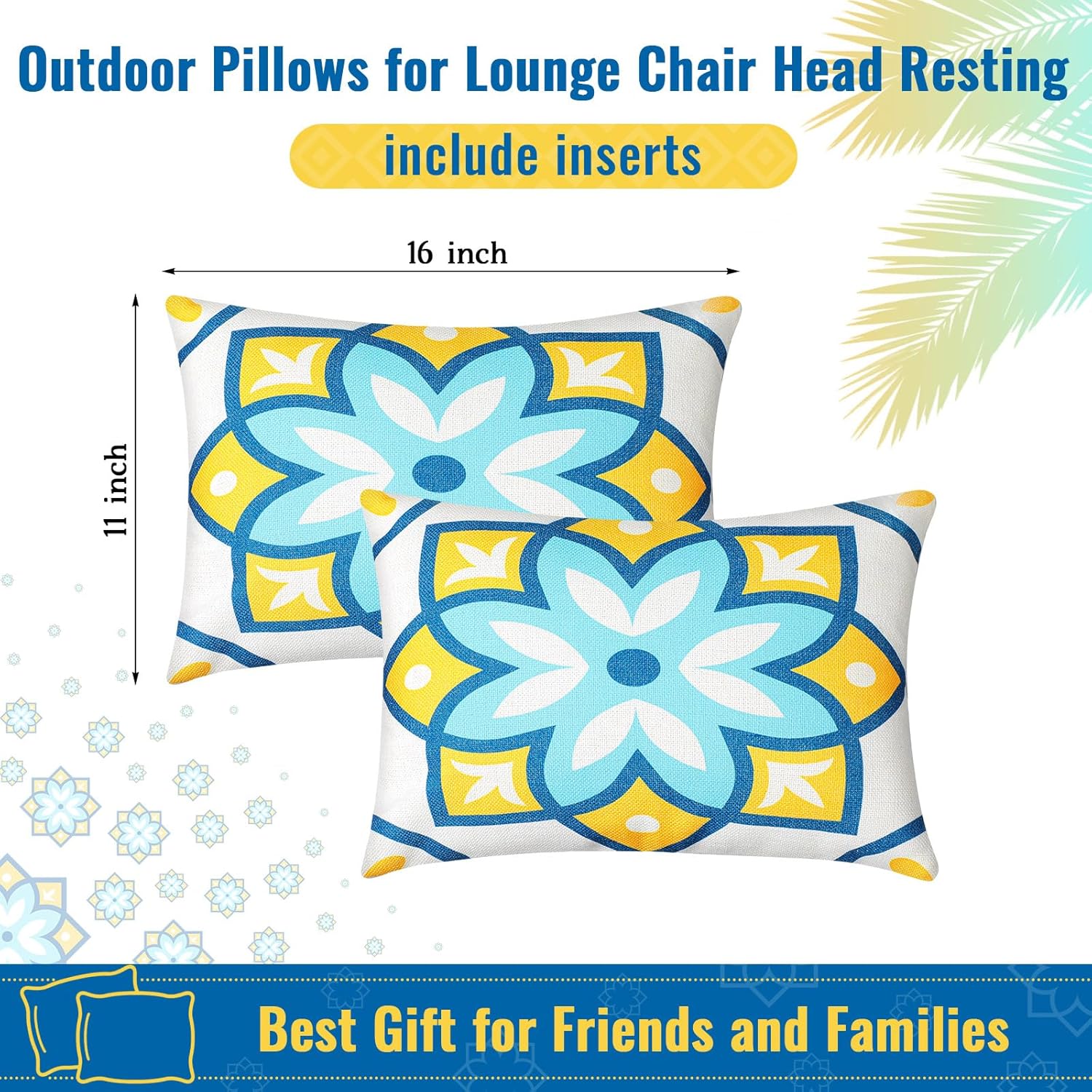 Juexica 2 Pack Lounge Chaise Pillow with Strap 16 x 11 Inches Waterproof Outdoor Beach Chair Pillow Adjustable Elastic Band for Hammock Lumbar Recliner Pillows for Beach Office Chair(Fresh Flowers)