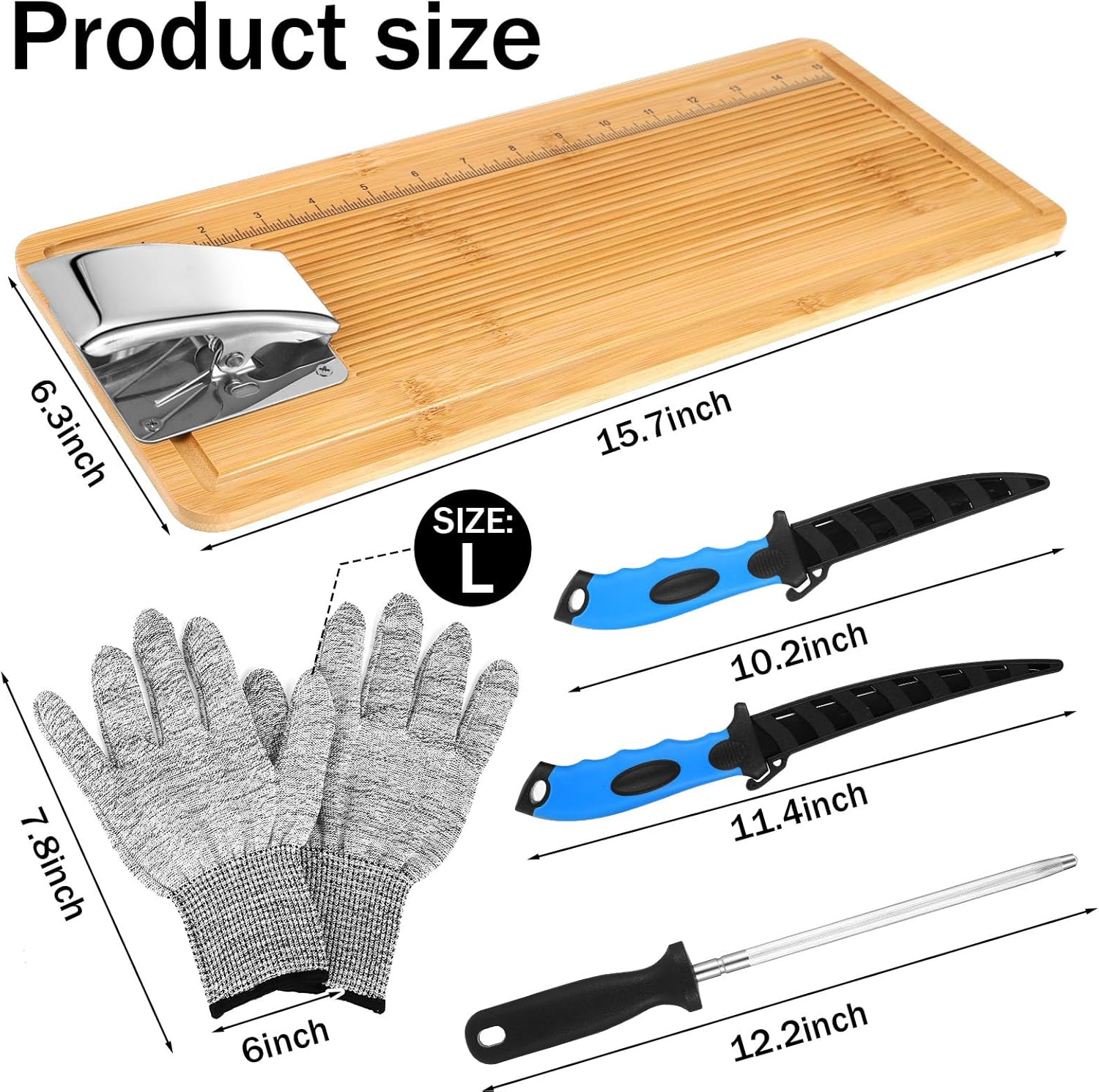 6 Pcs Fish Cleaning Kit Include Cutting Board Fish Fillet Boards with Clamp 2 Knife Cut Resistant Gloves Scale with Built in Measuring Tape Sharpening Rod (Classic)