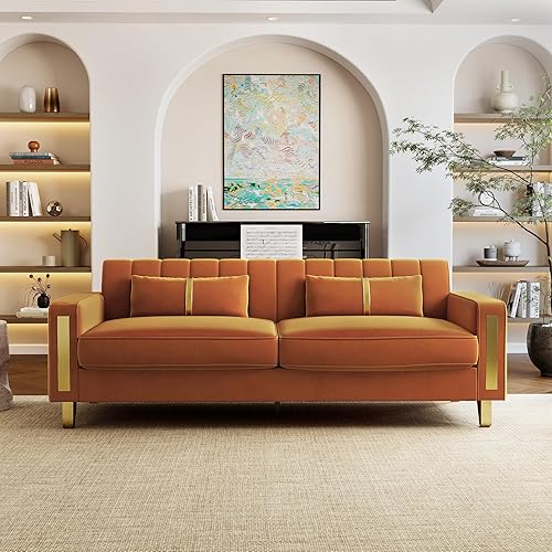 Miniatura 8 de Juego de 2 sofás para sala de estar, sofá de 2 plazas de 86" de terciopelo beige con 4 almohadas y patas de metal dorado, sofá tapizado moderno para