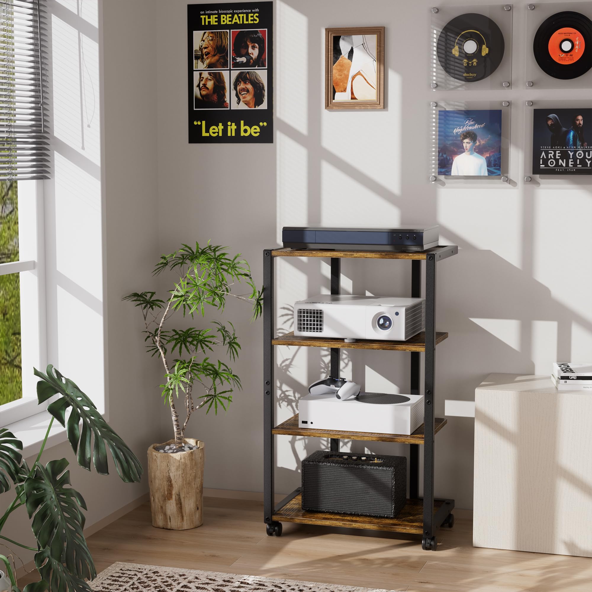 Aquzee 4-stufiges HiFi Regal Aus Holz & Stahl – 45x77x28 Cm, Offene Regale | Für Plattenspieler, Konsolen, Zubehör