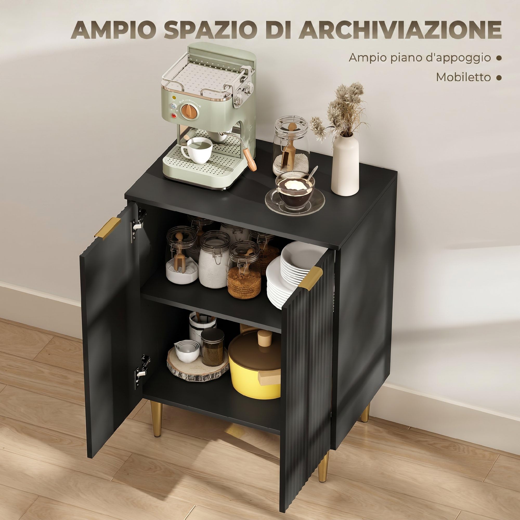 HOMCOM Credenza Cucina con 2 Ante, Ripiano Regolabile, 60x40x80 cm, Nero | Mobile Cucina, Mobile Buffet, Gambe in Metallo, per Soggiorno, Sala da Pranzo