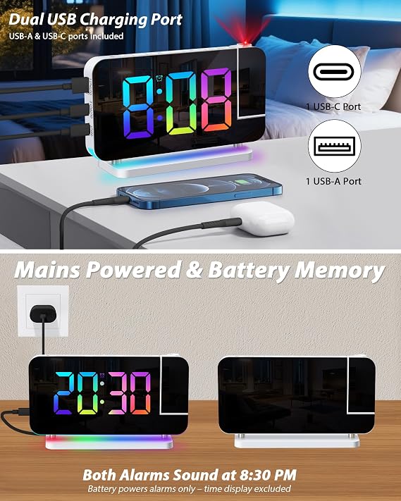 Alarm Clock with Projection: 7 Inch Digital Mirror Clocks with 180° Rotating Projector Digital Alarm Clock for Bedroom