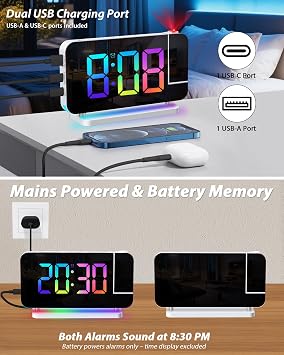Alarm Clock with Projection: 7 Inch Digital Mirror Clocks with 180° Rotating Projector Digital Alarm Clock for Bedroom