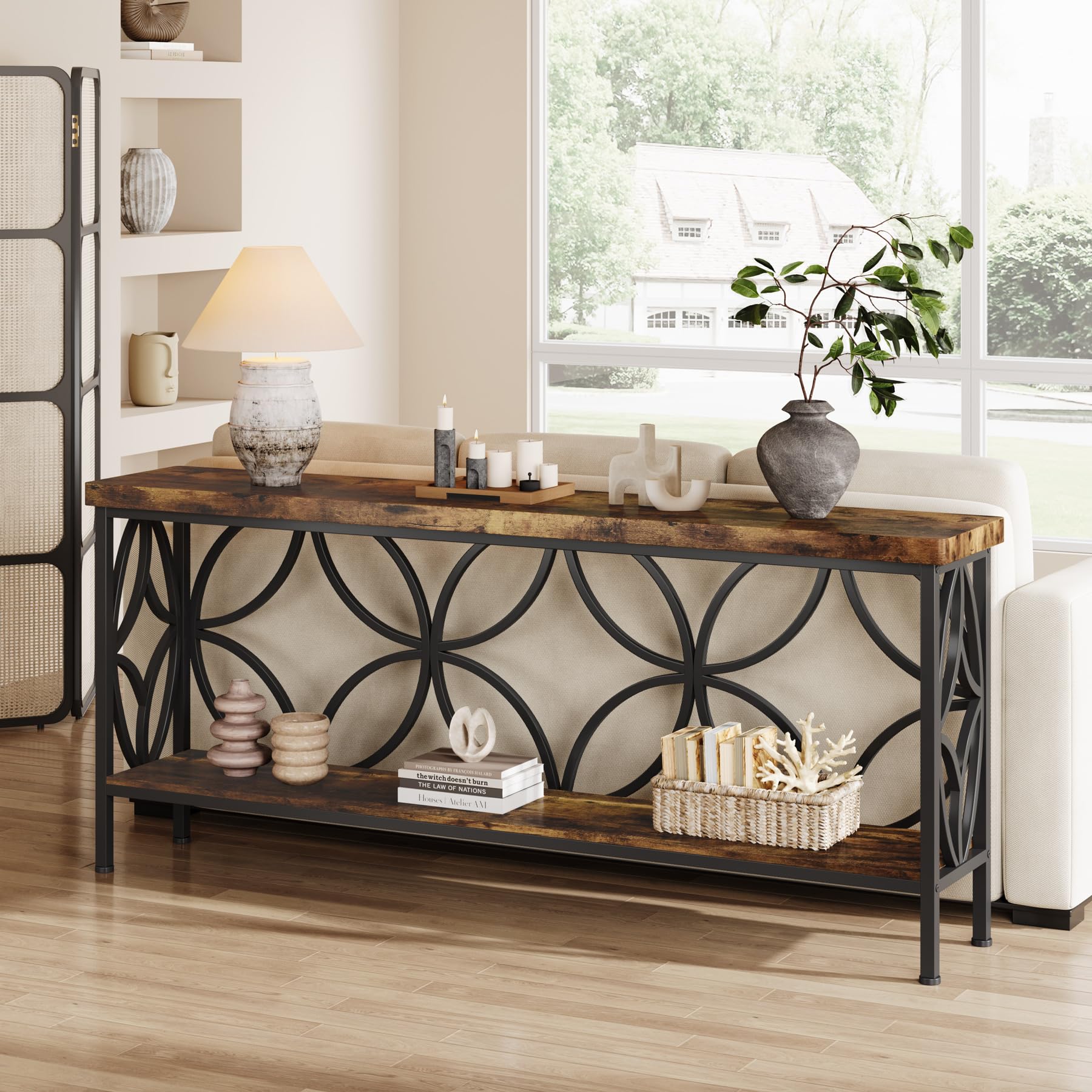 Tribesigns Wąski stolik do sofy, 160 cm, przemysłowy, długi stolik za kanapą, konsola wejściowa z miejscem do przechowywania, do salonu, foyer, unikalny design, brązowy