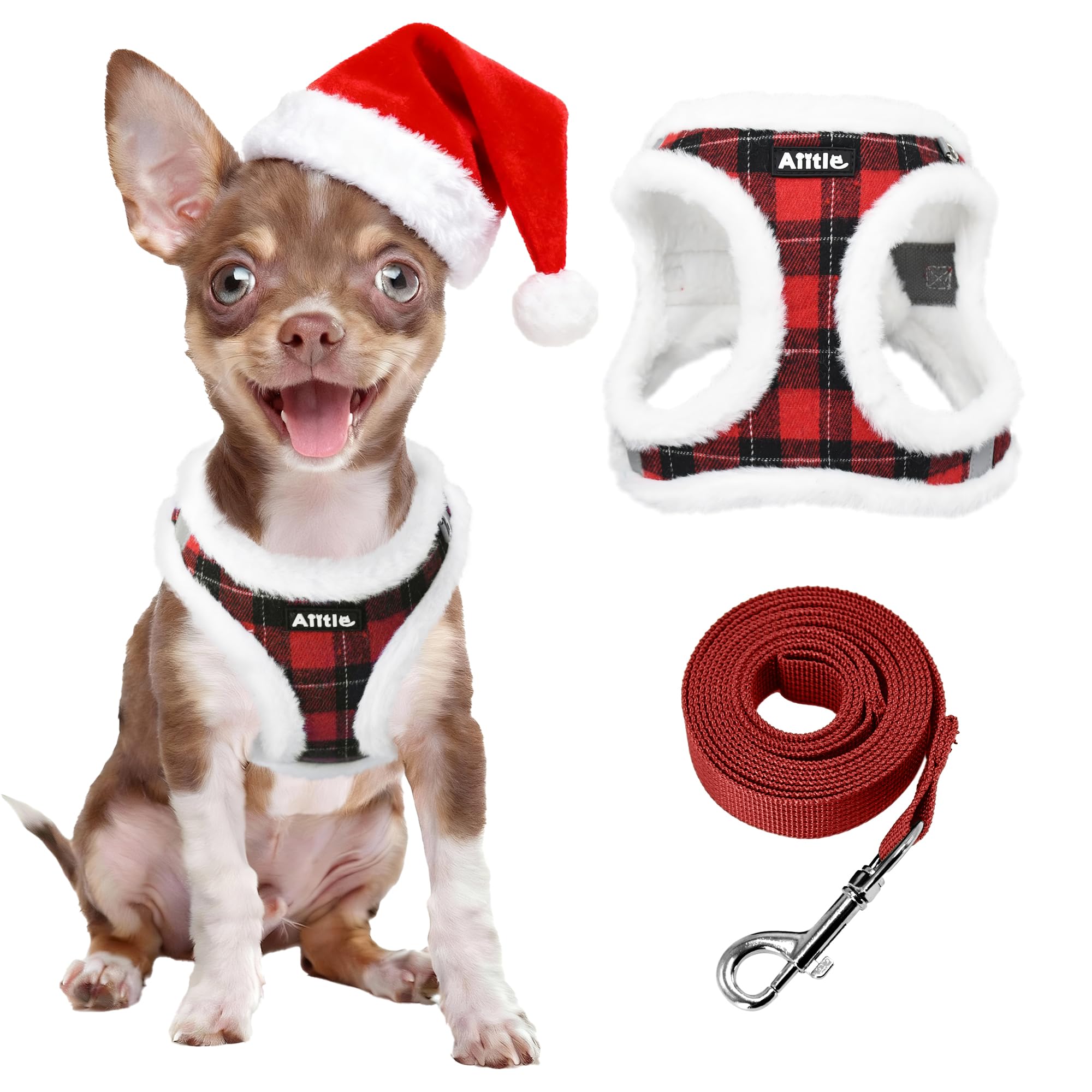 AIITLE Christmas Soft & Warm Dog Harness and Leash Set - Checkered Design, Comfortable, Reflective, No-Choke, Secure with Hook & Loop Fastener, Adjustable for Small Dogs - Running, Camping (Red, XS)