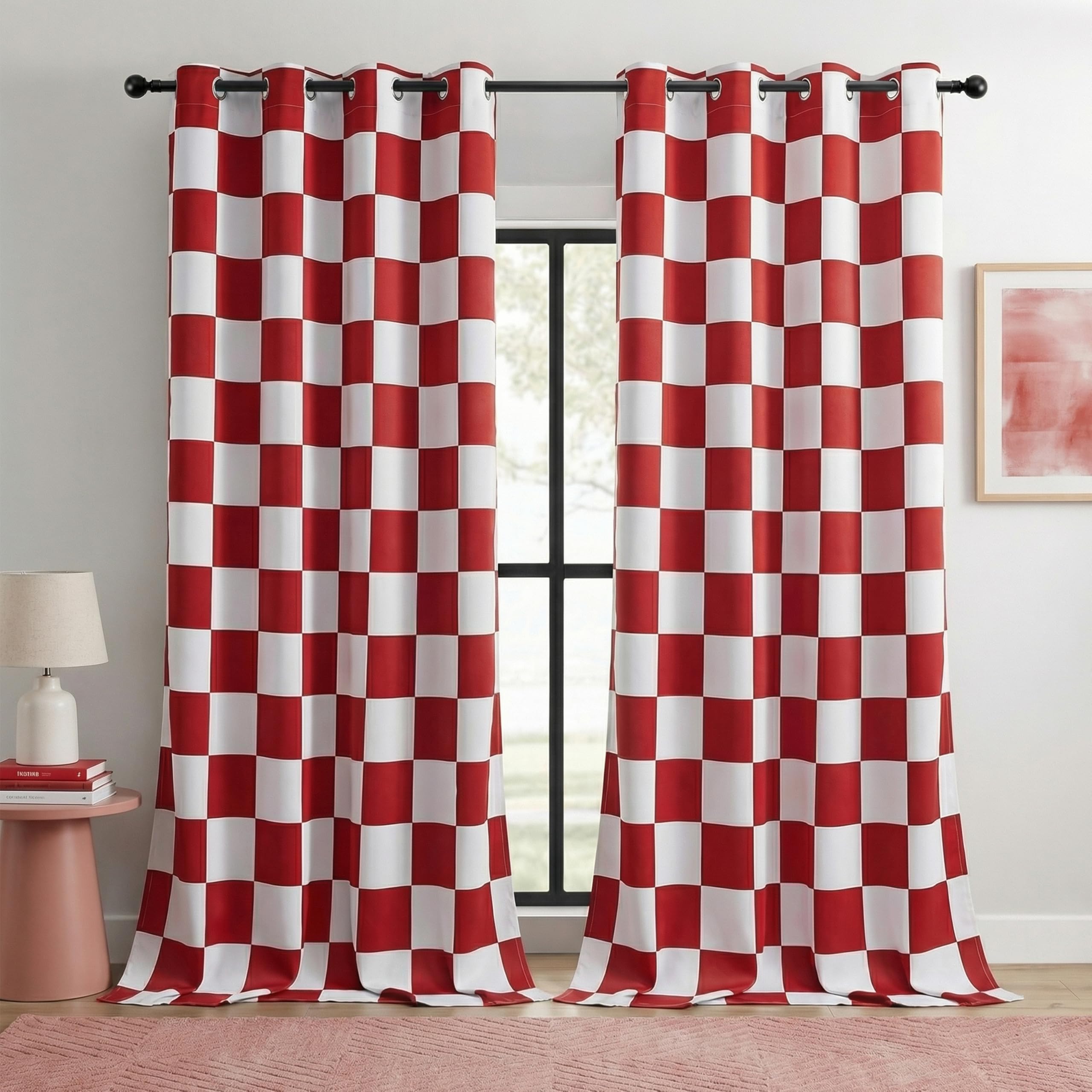 BOHOMOCASA 100% Blackout Checkered Curtains – 2 Panels, Each W52×L96, Thermal Insulated, Nosie Reducing for Bedroom, Modern Cabin Red and White Checkerboard Design — image 1