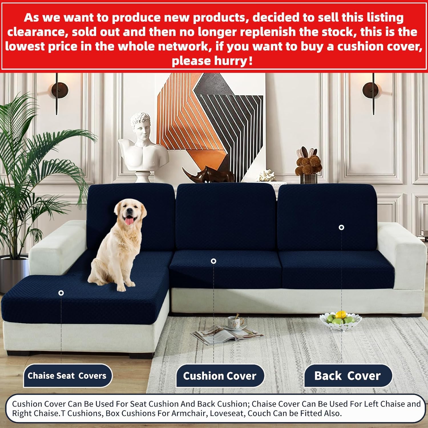 【Clearance】 Stretch Individual Cushion Covers Sofa Loveseat Seat Cushion Slipcovers Soft Couch Cover Replacement Large Checkered Furniture Protector with Elastic Bottom (2 Pc Cushion Cover, Navy)