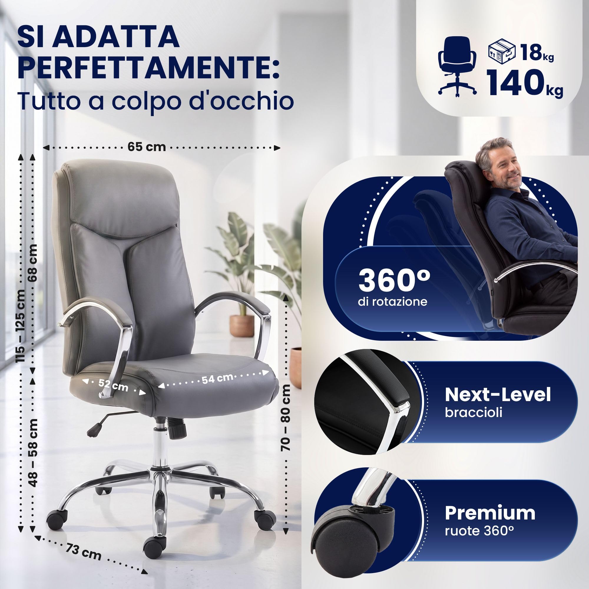 CLP Sedia da ufficio Arlen regolabile in altezza, sedia da scrivania in similpelle imbottita, girevole con braccioli e schienale, fino a 140 kg Colore:grigio