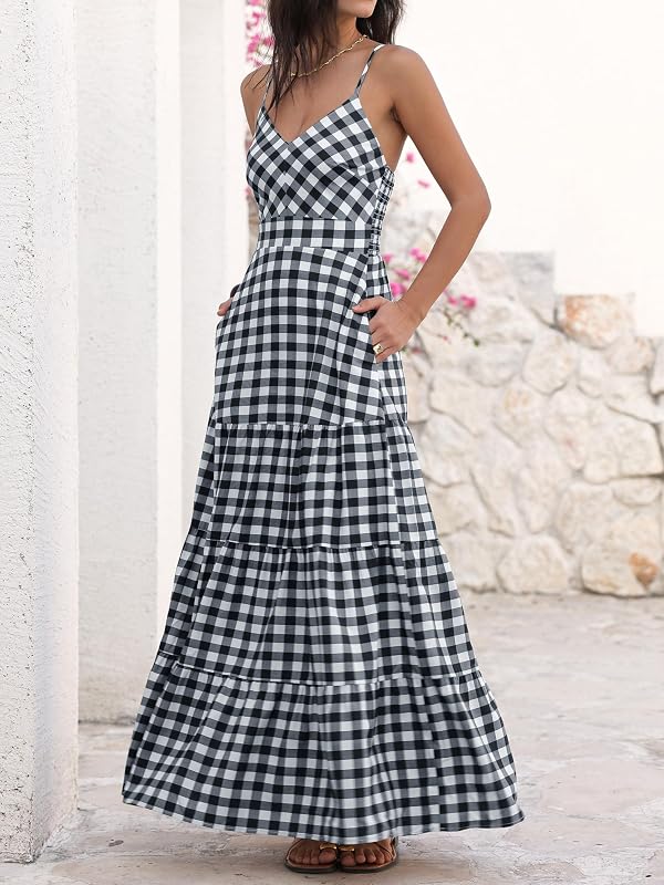Caracilia Women's Gingham Striped Smocked Maxi Dress Black White Plaid L by Caracilia - Used condition - Image 4