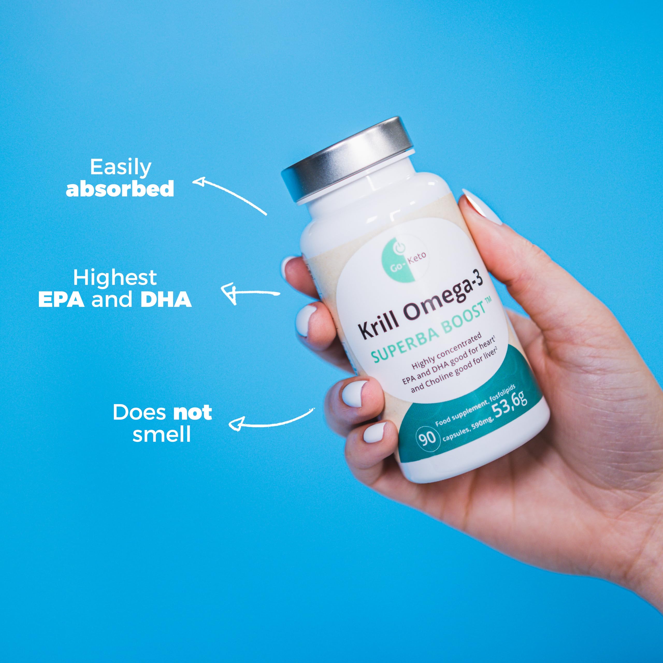 Go-Keto Krill Oil Omega 3 SUPERBA BOOST® | 90 capsules de 596 mg d'huile de krill premium | concentration très élevée d'EPA et de DHA, avec choline | Fabriqué en Allemagne | certifié MSC