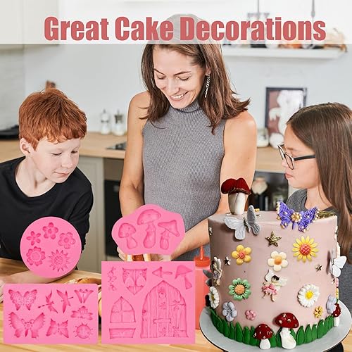 Miniatura 5 de Moldes de silicona para puerta de casa de jardín de hadas vintage encantadas, 4 piezas, molde de flores para fondant, molde de mariposa para