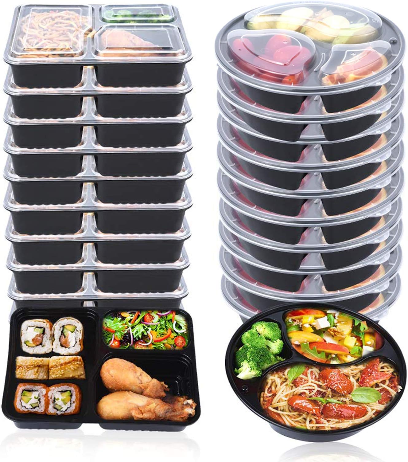 Reusable Meal Prep Containers set of 20 Pcs - 1000ml Lunch Box with 3 Compartment and Lids, 10pcs Rectangular and 10pcs Round Meal Prep Boxes, BPA Free, Microwaveable safe, Not Dishwasher Wash
