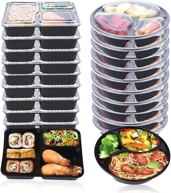 OITUGG Meal Prep Container 20 pack - 3 Compartment Meal Prep Boxes - Food Prep Containers with Lids - BPA Free Reusable Meal Prep Containers - Microwavable Freezer-able (34 oz) (Round + Square)