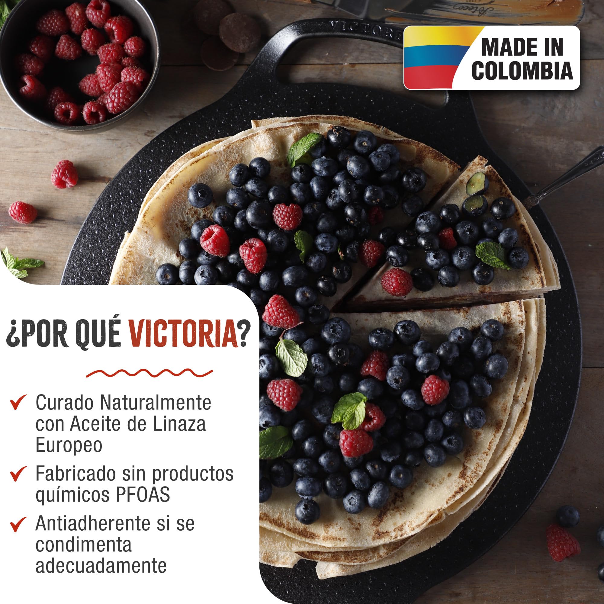 Victoria Plancha Cocina Inducción para Pizza Hierro Fundido Curado, Sartén 38cm con Asas, Fuego, Barbacoa, Horno, Vitrocerámica, Gas, Comal Curada para Antiadherente Libre de Tóxicos sin PTFE