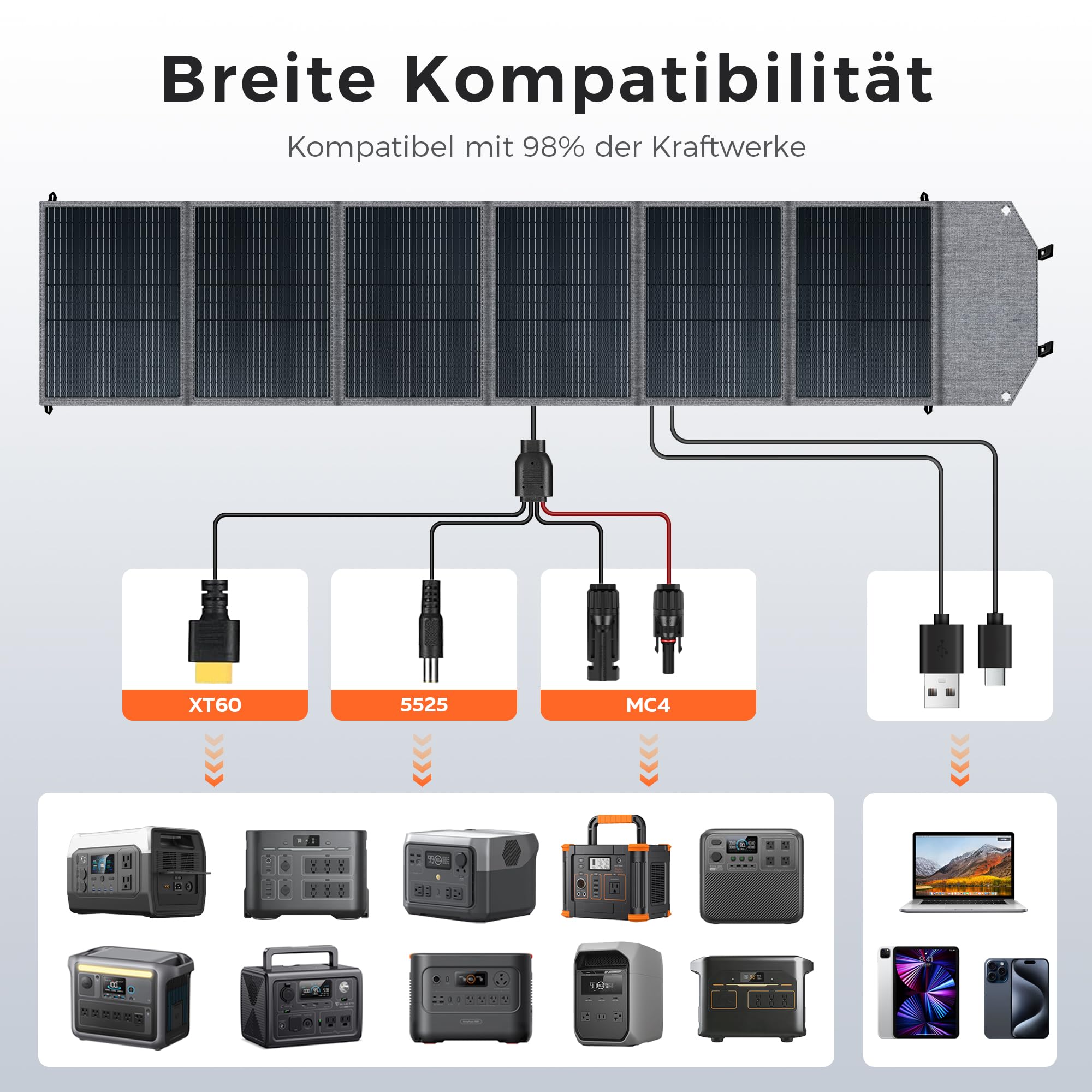 Składany panel słoneczny 200 W do stacji zasilania, przenośny moduł solarny z 10 przyłączami, sprawność 23,5% i wodoszczelna, kompatybilny ze stacjami zasilania na kemping, do kampera, ogrodu