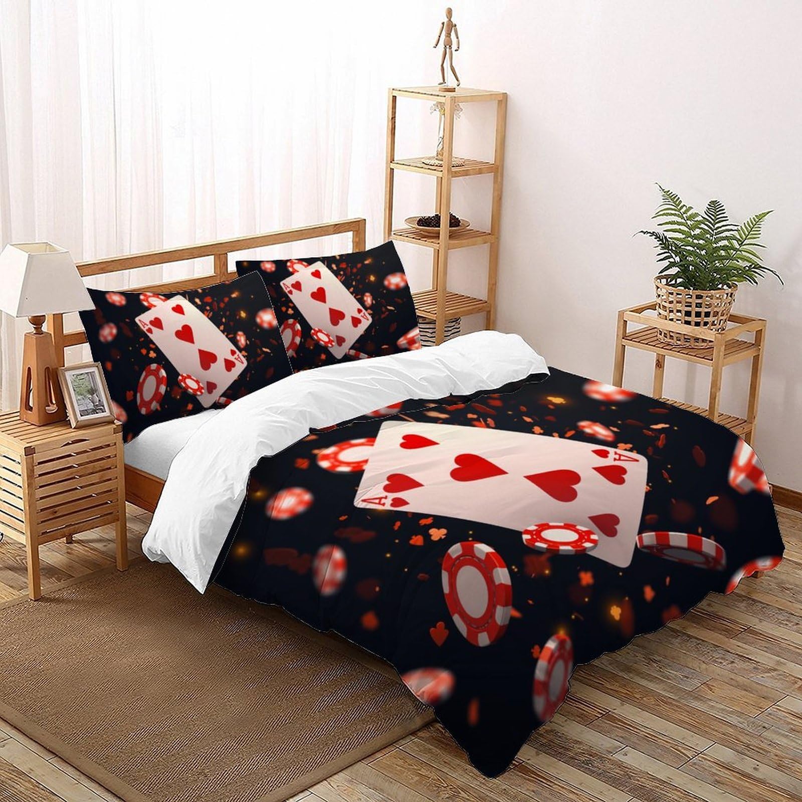 Housse de couette 3 pièces Red Playing Cards avec 2 taie d'oreiller fermeture éclair 3D