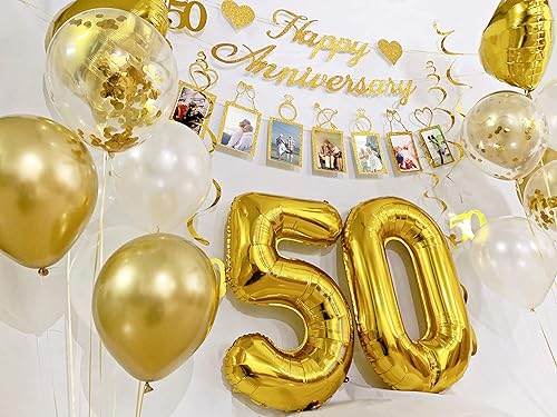 Miniatura 2 de Juego de decoraciones de 50 aniversario para fiestas banderines de fotos y globos de feliz aniversario espirales colgantes para decoración de