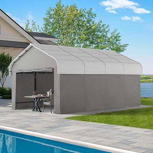 SUNJOY Gambrel - Cenador de techo rígido de 12 x 20 pies con carcasa de tela y paredes laterales, garaje resistente con techo y marco de acero