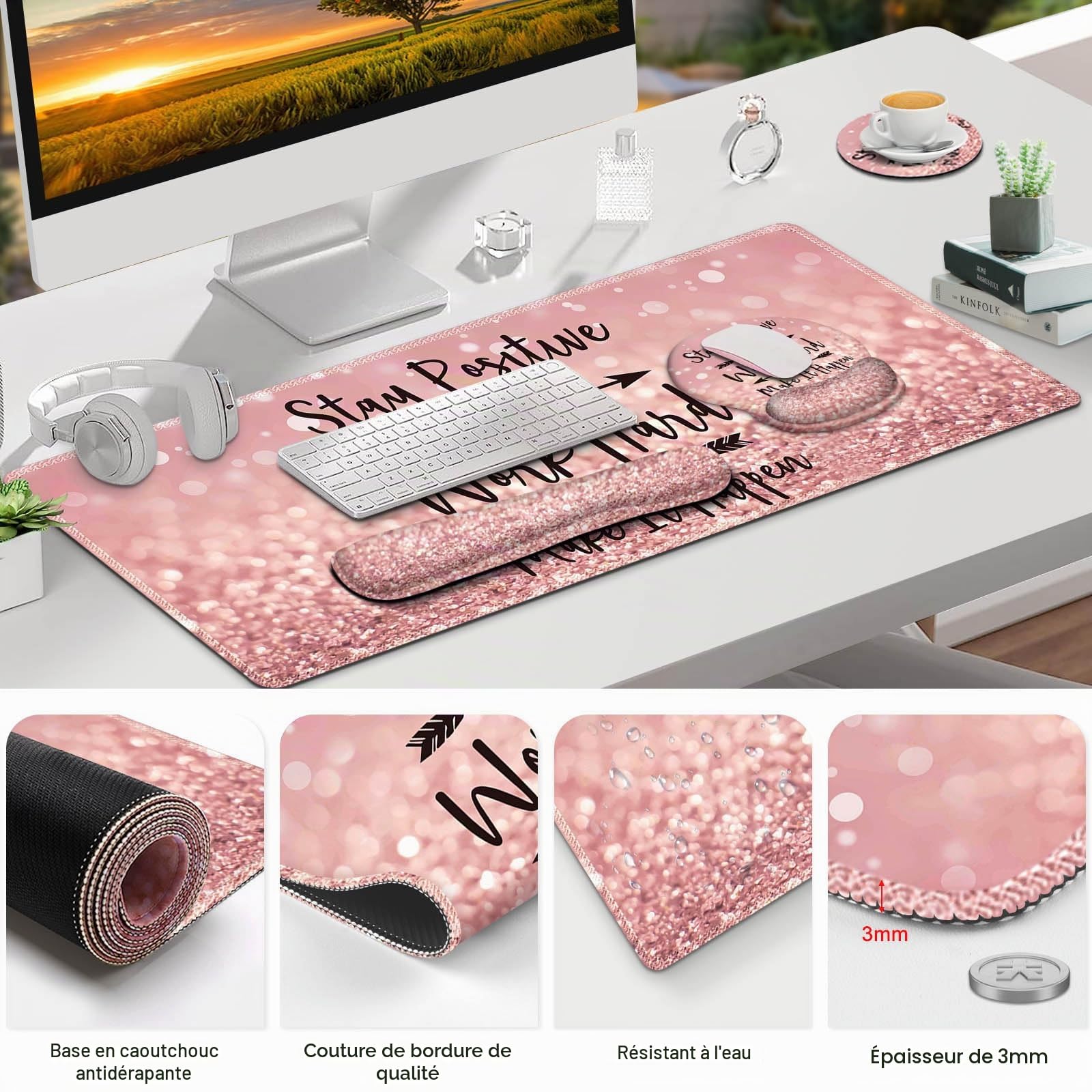 ToLuLu Tapis de souris XXL - Grand tapis de bureau avec support de poignet - Tapis de souris de jeu 4 en 1 + tapis de souris ergonomique avec repose-poignet + repose-poignet pour clavier + dessous de