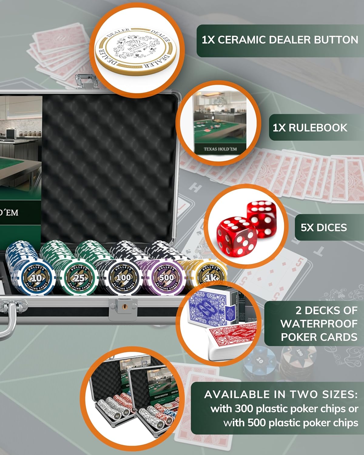 Bullets Playing Cards | Poker Set Christopher | 500 Plastic Poker Chips (12 g) with Aluminum Case & Playing Cards – Texas Hold’em, Numbered Values