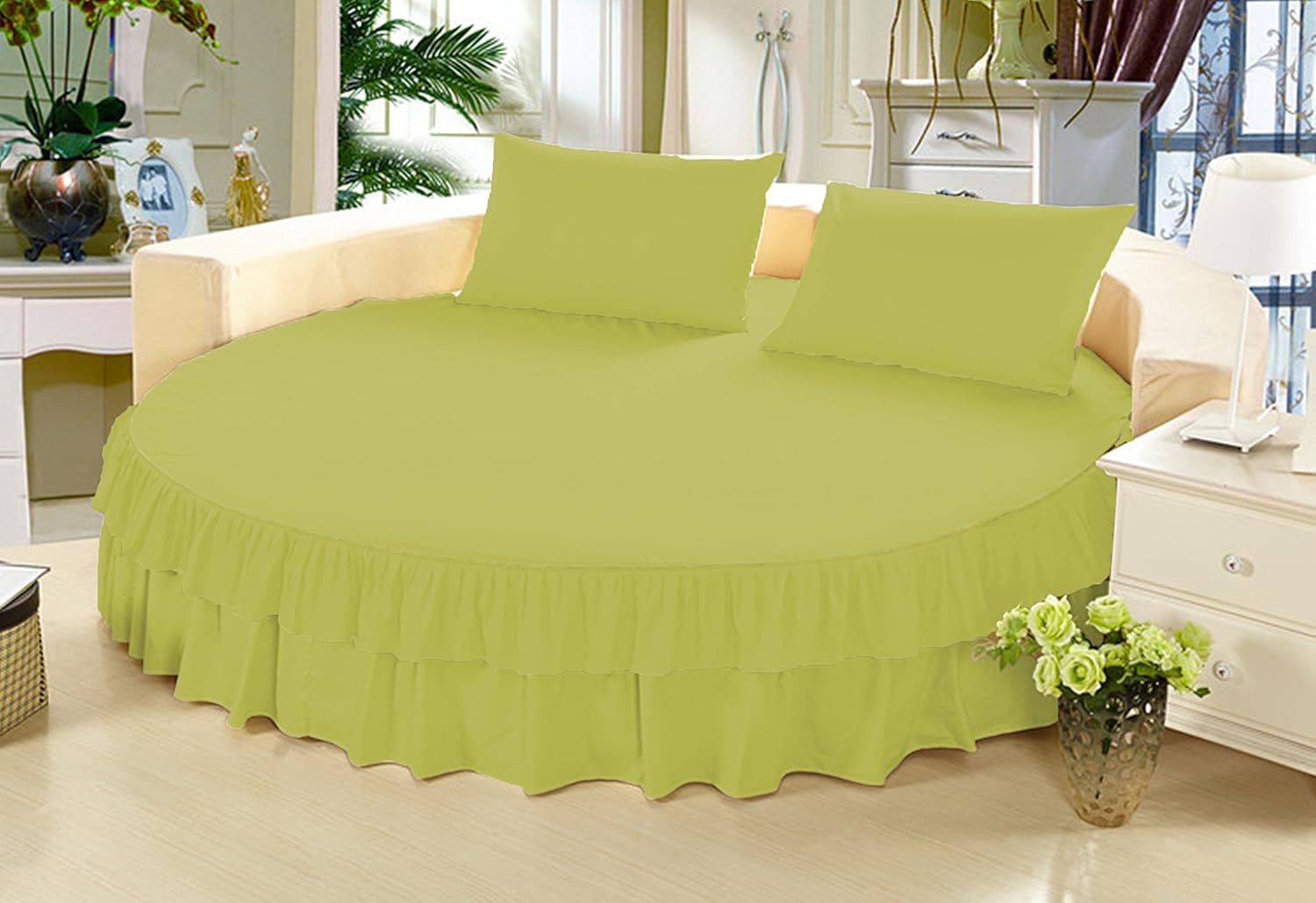 Bed Skirt - 1 Piece Solid 12 Inch Tailored Drop Double Ruffle Bed Skirt/Bed Spread for Round Bed 800 Thread Count Pure Cotton (White, King 92" Diameter)