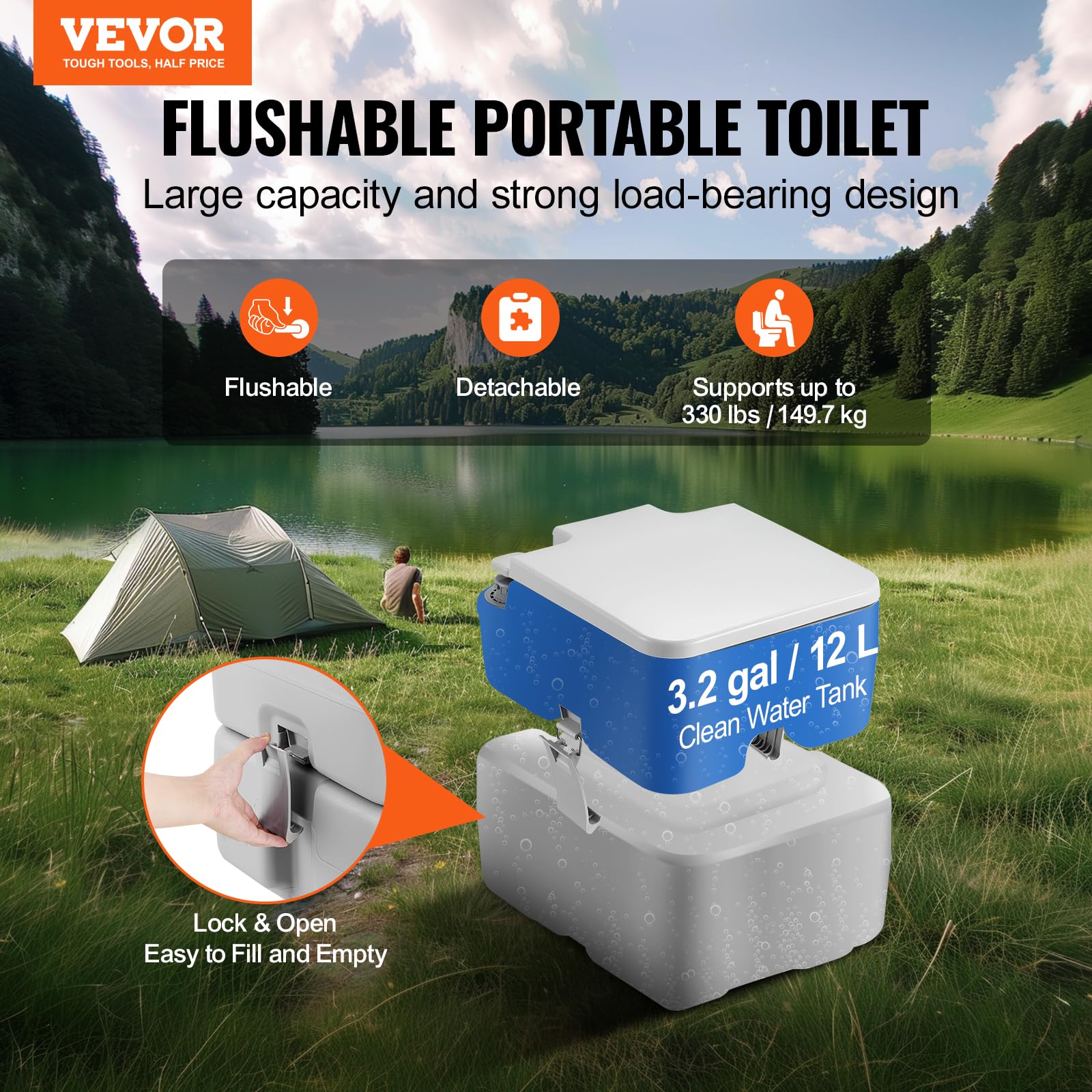 VEVOR Inodoro Portátil para Acampar con Bolsa de Transporte, Tanque de Desechos de 20 L y Tanque de Descarga de 12 L, Presurizado con Botón, a Prueba de Fugas, para Autocaravana, 430 x 340 x 420 mm