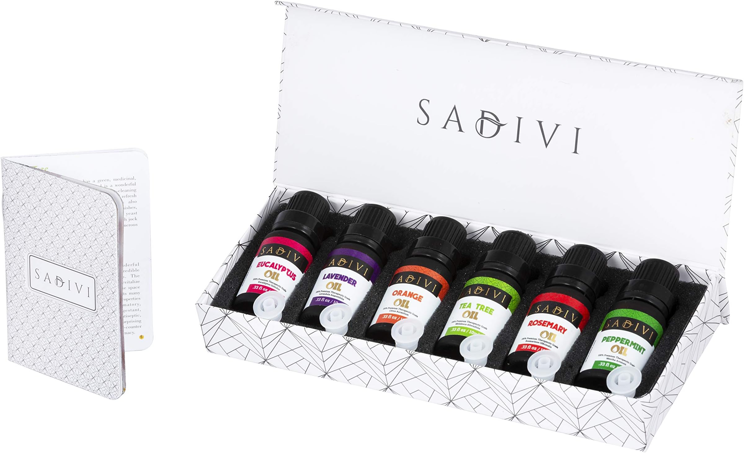 Sadivi Aromatherapy Top 6 Essential Oils - 100% Pure Therapeutic Grade Essential Oil Sampler Gift Set (Tea Tree, Lavender, Eucalyptus, Orange, Rosemary, Peppermint) - 10ml each