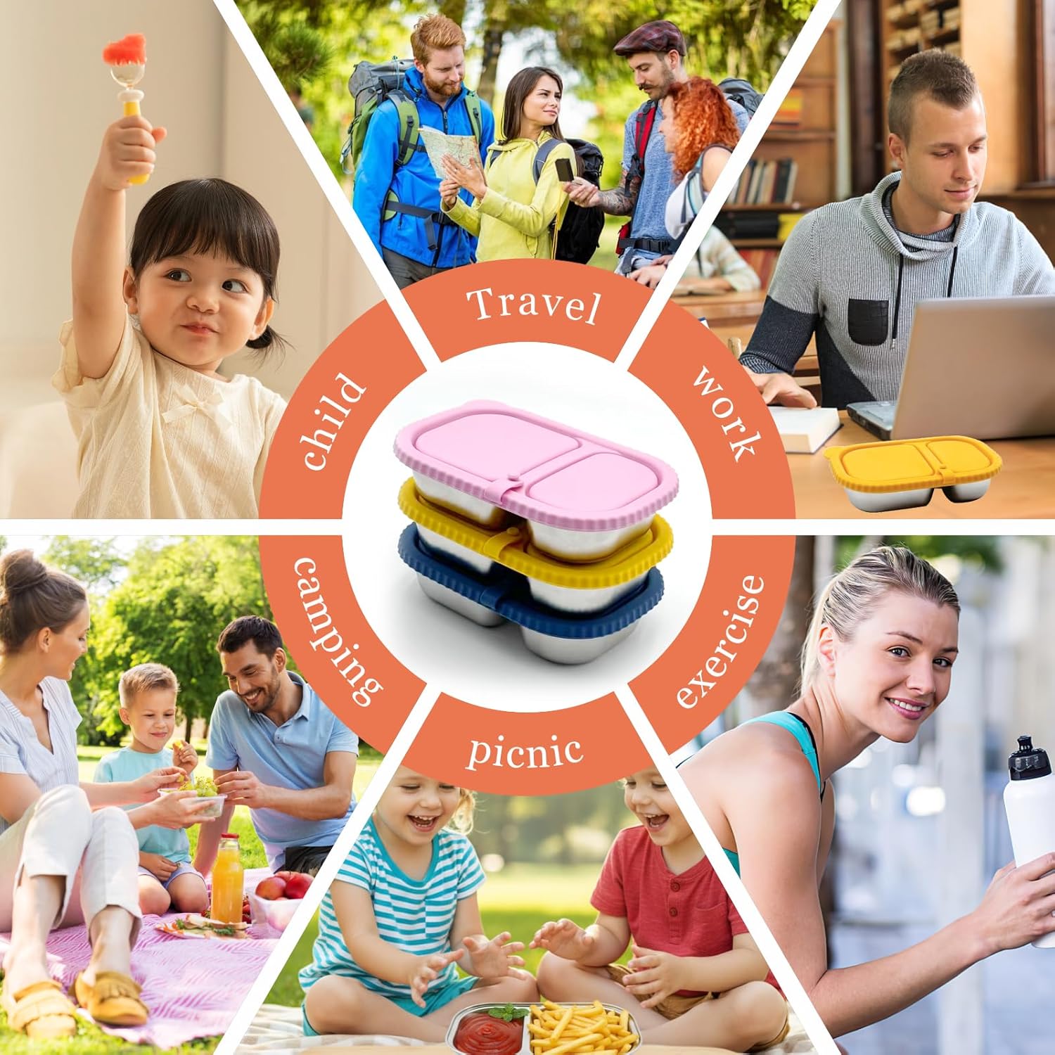 3 Pack Stainless Steel Snack Containers with Lids, Reusable Double Compartment Food Storage, Non Toxic Silicone Lids Lunch Box for Home, Travel, Outdoor and Camping - Image 7