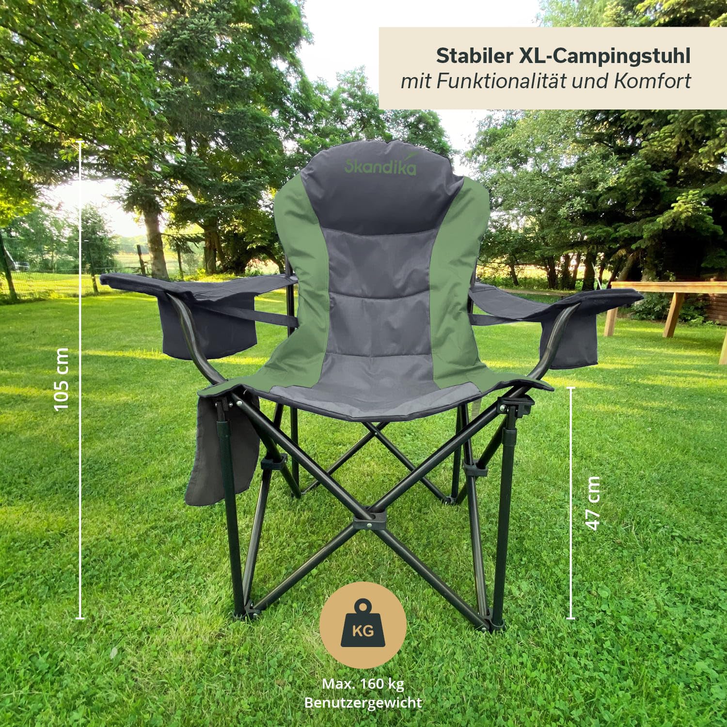 Skandika Campingstuhl Relax Comfort | Bequemer Klappstuhl mit Getränkehalter und Kühlfach, bis max. 160 kg, klappbar, leicht | Faltstuhl für Camping, Zelten, Festival, Angeln