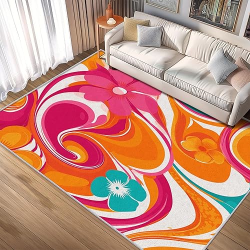 Miniatura 2 de 70s Rug 5x7 Rugs Textured Abstract Floral Area Rug Washable, Retro Themed Carpet Home Room Decor Rugs for Living Room Bedroom Kitchen Dorm Classroom